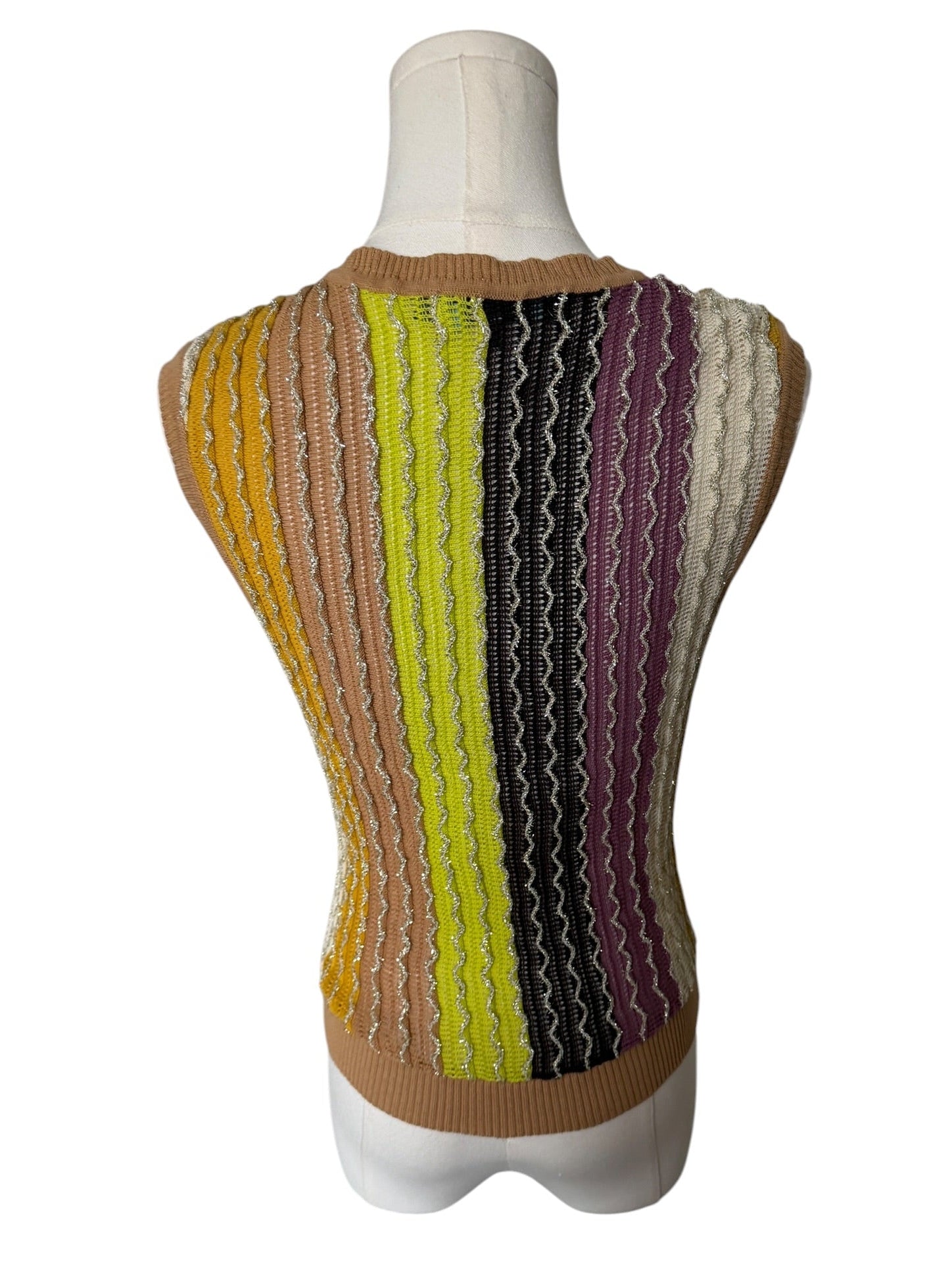 Multicolored striped sweater vest on a mannequin against a white background