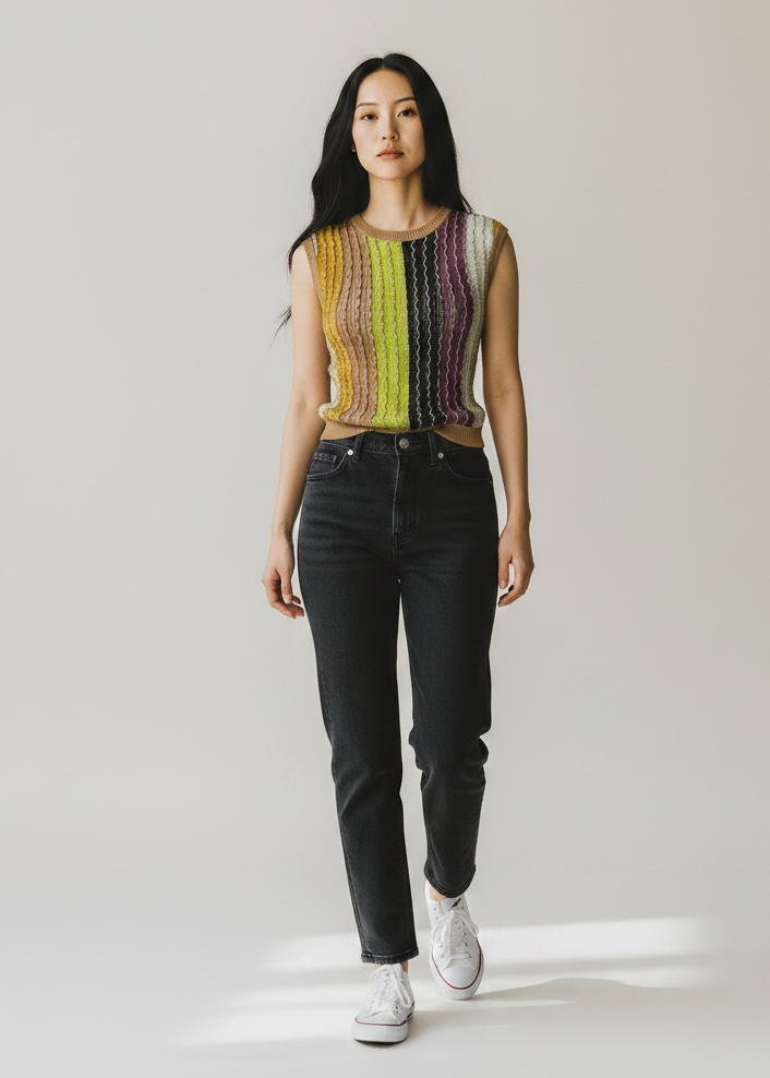 Woman wearing a colorful sleeveless top and black jeans against a plain background