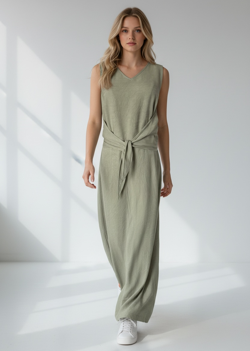 Woman wearing a green jumpsuit standing in a well-lit room with sunlight filtering through.