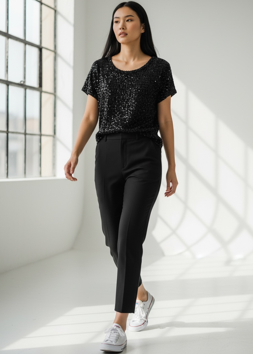 Woman wearing a black sequin top and black pants in a bright room with large windows.