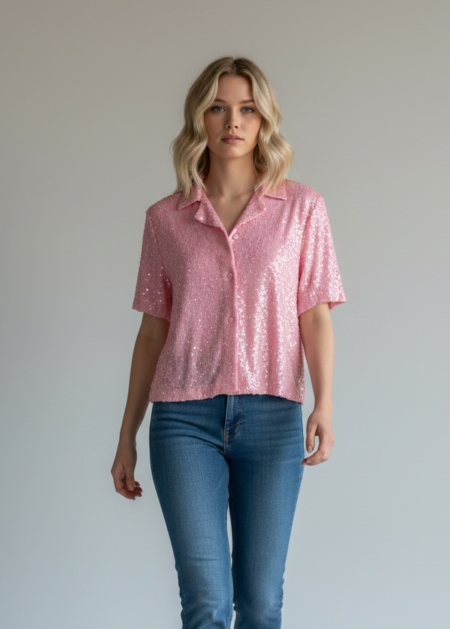 Woman wearing a pink Sequin shirt and blue jeans against a plain background