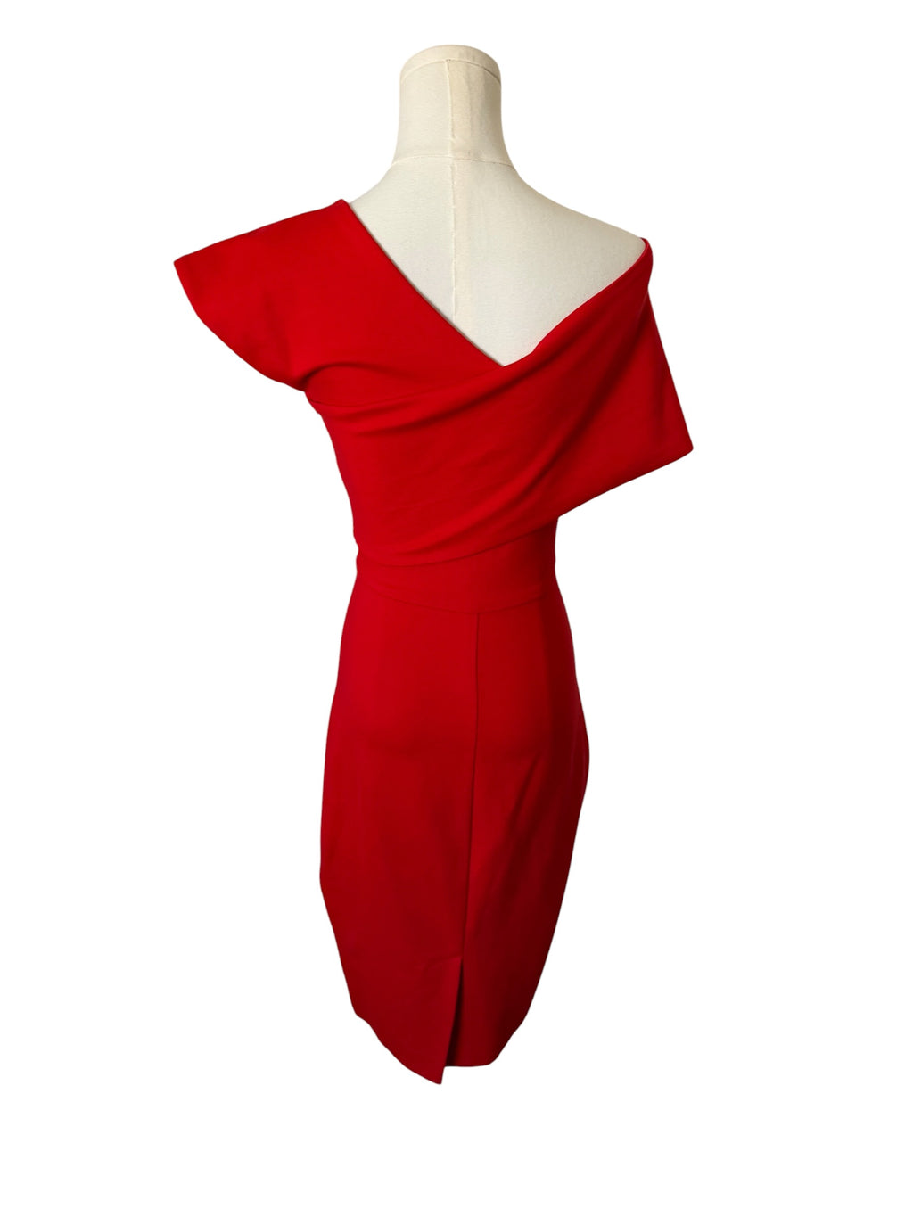 Red off-shoulder dress on a mannequin against a white background