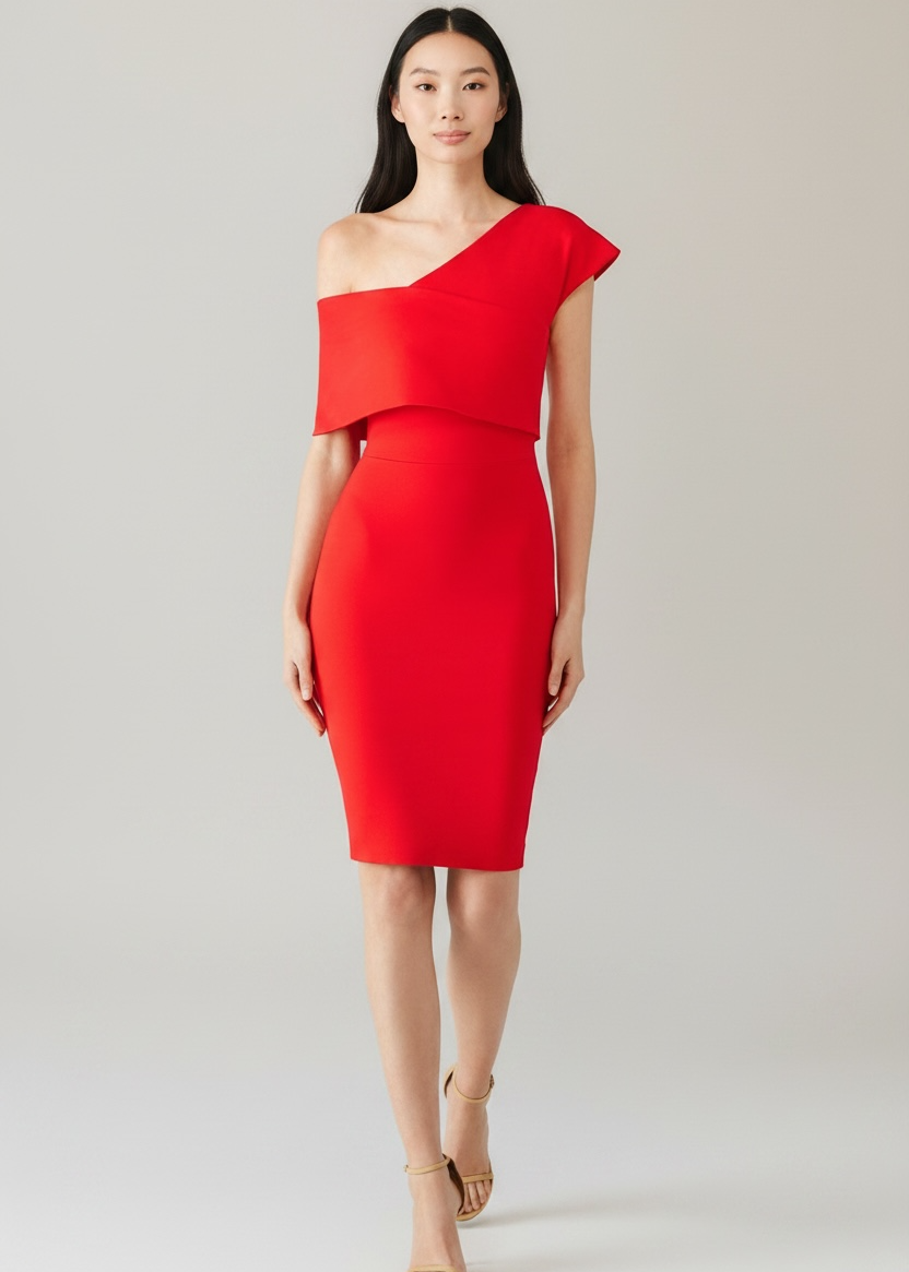 Woman wearing a red one-shoulder dress on a plain background