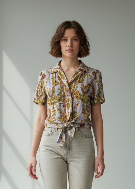 Woman in a floral shirt and beige pants standing in a well-lit room with sunlight casting shadows on the wall.